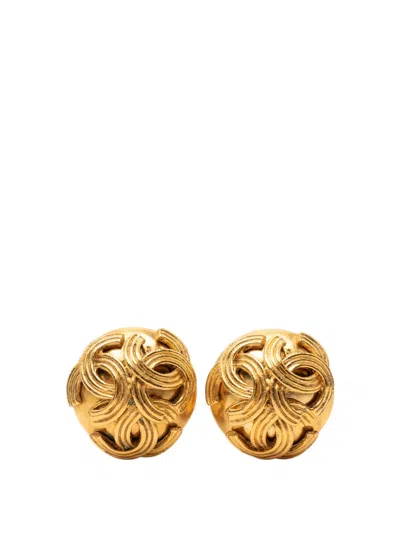 Pre-owned Chanel 1994 Triple Cc Gold Plated Clip On Closure Costume Earrings