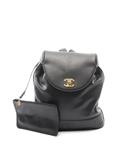 Pre-owned Chanel 1994 Trple Coco Mark Caviar Leather Backpack In Black
