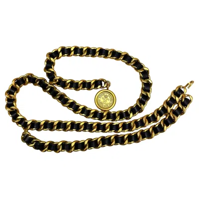 Pre-owned Chanel 1994 Vintage  Coco Leather Chain Belt Black Gold 94a