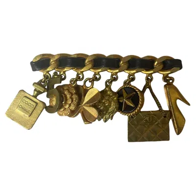 Pre-owned Chanel 1994 Vintage Iconic Goldtone & Leather Laced Charm Brooch In Brown