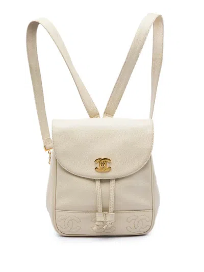 Pre-owned Chanel 1994-1996 Caviar Triple Cc Backpack In White