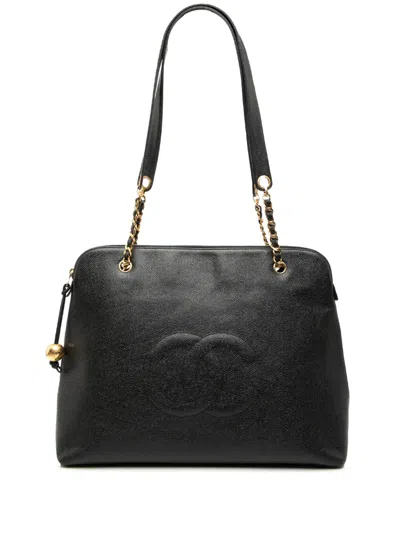 Pre-owned Chanel 1994-1996 Cc Caviar Chain Zip Tote Bag In Black