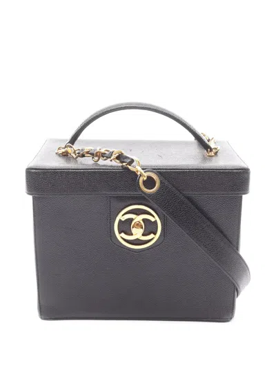 Pre-owned Chanel 1994-1996 Cc Caviar Vanity Box Case Satchel In Black