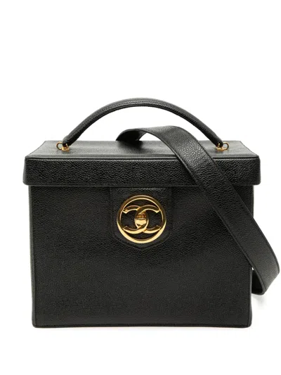 Pre-owned Chanel 1994-1996 Cc Caviar Vanity Box Case Satchel In Black