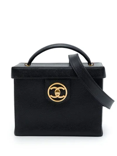 Pre-owned Chanel 1994-1996 Cc Caviar Vanity Box Case Satchel In Black