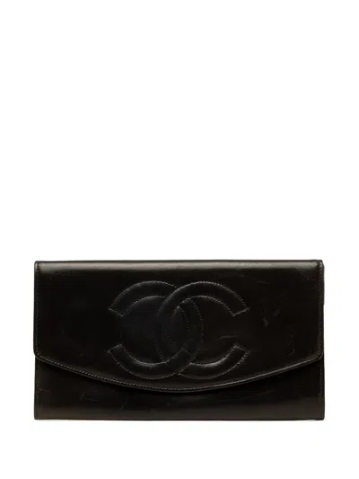 Pre-owned Chanel 1994-1996 Cc Lambskin Stitched Double Flap Wallet Long Wallets In Black