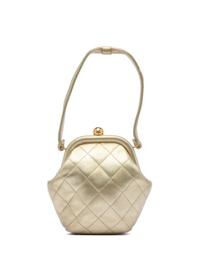 Pre-owned Chanel 1994-1996 Cc Metallic Quilted Lambskin Kisslock Frame Handbag In Gold