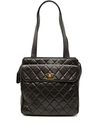 Pre-owned Chanel 1994-1996 Cc Quilted Lambskin Front Pocket Tote Bag In Brown