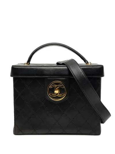 Pre-owned Chanel 1994-1996 Cc Quilted Lambskin Top Handle Vanity Case Satchel In Black