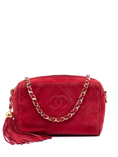 Pre-owned Chanel 1994-1996 Cc Quilted Suede Tassel Diamond Camera Bag Crossbody Bag In Red