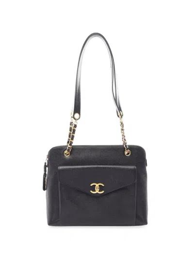 Chanel 1994-1996 Coco Mark Front-pocket Caviar Shoulder Bag In Black