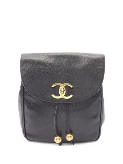 Pre-owned Chanel 1994-1996 Coco Mark Leather Backpack In Black