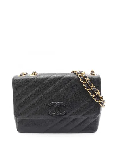 Pre-owned Chanel 1994-1996 Jumbo Cc Diagonal Quilted Caviar Flap Shoulder Bag In Black