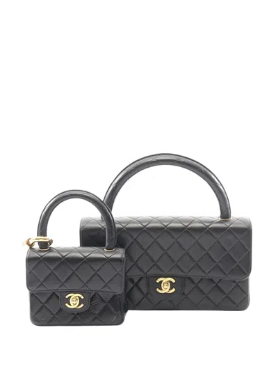 Pre-owned Chanel 1994-1996 Lambskin Parent Child Kelly Set Top Handle Bag Handbag In Black