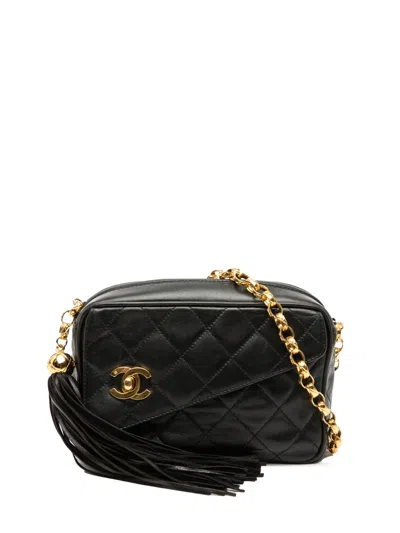Pre-owned Chanel 1994-1996 Mini Cc Quilted Lambskin Tassel Camera Bag Crossbody Bag In Black