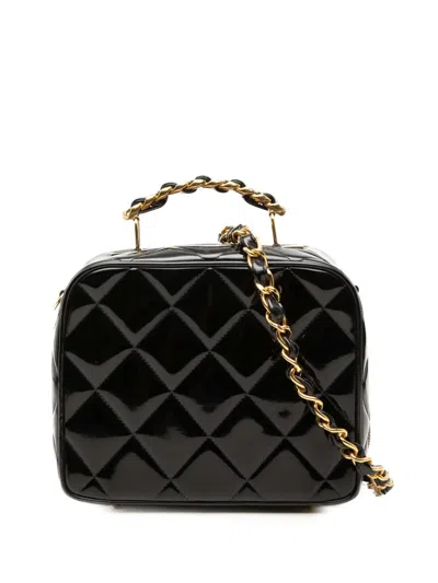 Pre-owned Chanel 1994-1996 Quilted Patent Vanity Case Satchel In Black