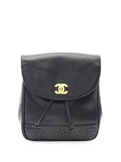 Pre-owned Chanel 1994-1996 Triple Coco Caviar Leather Backpack In Black
