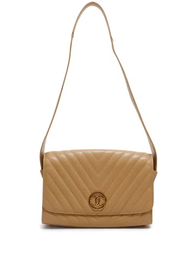 Pre-owned Chanel 1995-1996 Chevron Flap Shoulder Bag In Neutrals