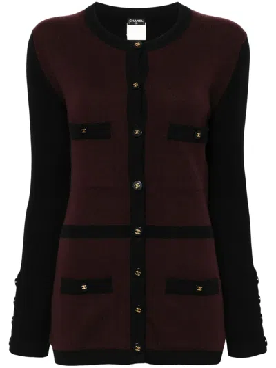 Pre-owned Chanel 1995 Bicolour Round Neck Cashmere Cardigan In Red