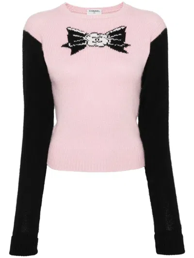 Pre-owned Chanel 1995 Bow-intarsia Cashmere Jumper In Pink