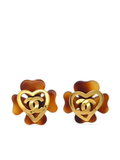 Pre-owned Chanel 1995 Cc Clover Clip-on Earrings In Gold