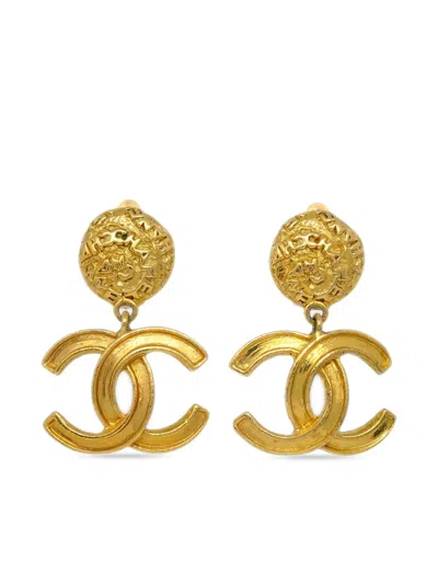 Pre-owned Chanel 1995 Cc Drop Clip-on Earrings In Gold
