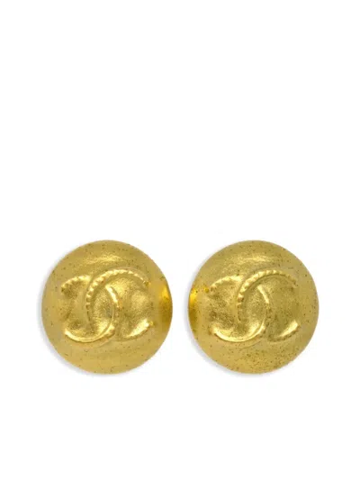 Pre-owned Chanel 1995 Cc-embossed Button Clip-on Earrings In Gold