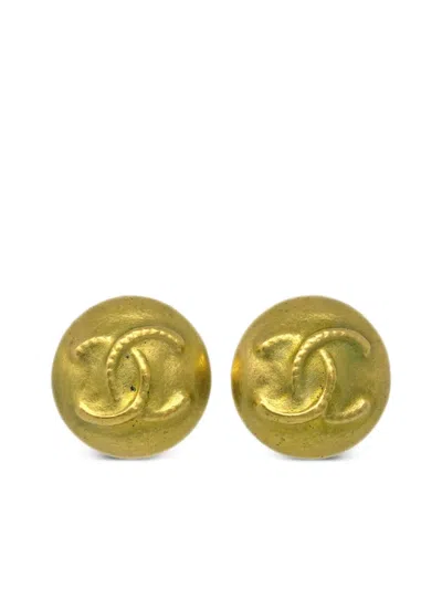 Pre-owned Chanel 1995 Cc-embossed Button Clip-on Earrings In Gold