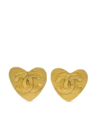 Pre-owned Chanel 1995 Cc-embossed Heart Motif Clip-on Earrings In Gold