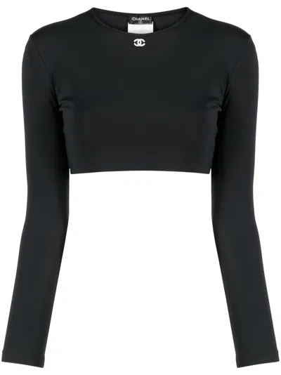 Pre-owned Chanel 1995 Cc Embroidered Long-sleeve Top In Black