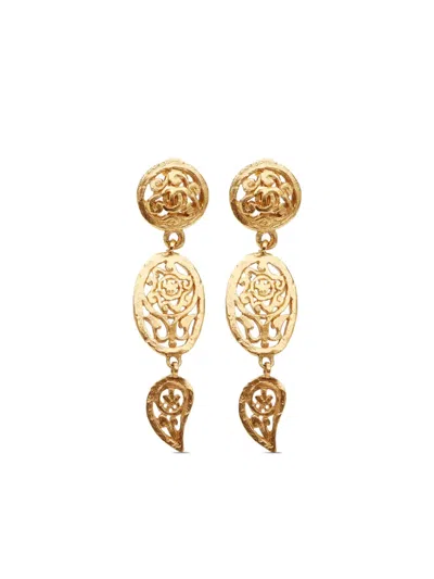 Pre-owned Chanel 1995 Cc Floral Drop Earrings In Gold