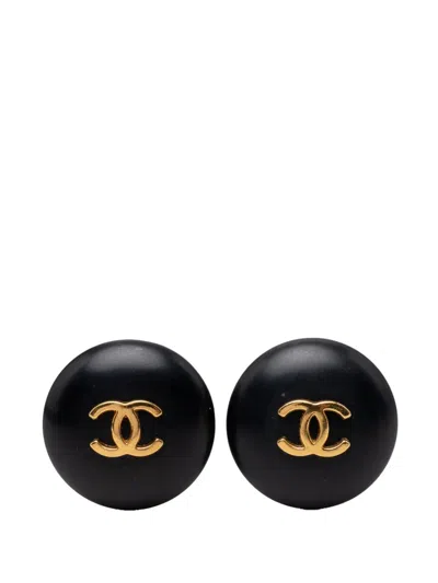Pre-owned Chanel 1995 Cc Gold Plated And Resin Clip On Earrings Costume Earrings In Black