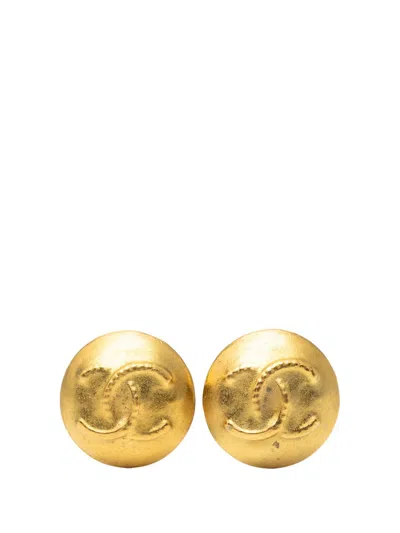 Pre-owned Chanel 1995 Cc Gold Plated Button Clip On Earrings Costume Earrings