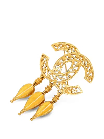 Pre-owned Chanel 1995 Cc Gold Plated Filigree Fringe Drop Brooch Costume Brooch