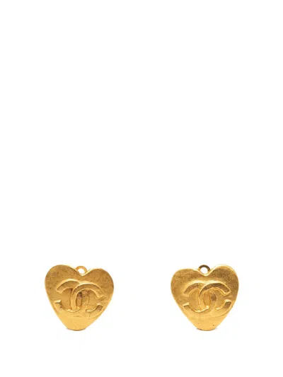 Pre-owned Chanel 1995 Cc Gold Plated Heart Clip On Earrings Costume Earrings