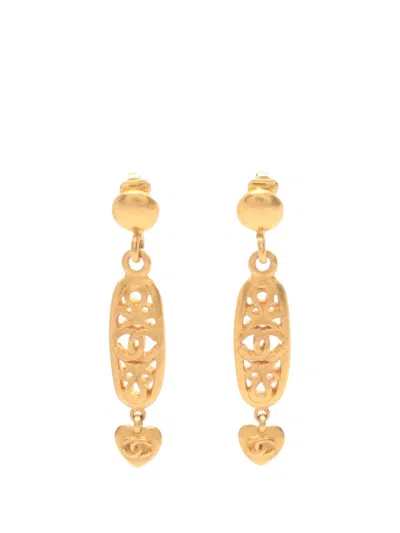 Pre-owned Chanel 1995 Cc Gold Plated Heart Drop Clip On Earrings Costume Earrings