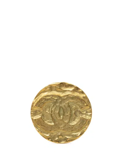 Pre-owned Chanel 1995 Cc Gold Plated Medallion Brooch Costume Brooch
