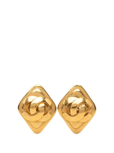 Pre-owned Chanel 1995 Cc Gold Plated Rhombus Clip On Earrings Costume Earrings
