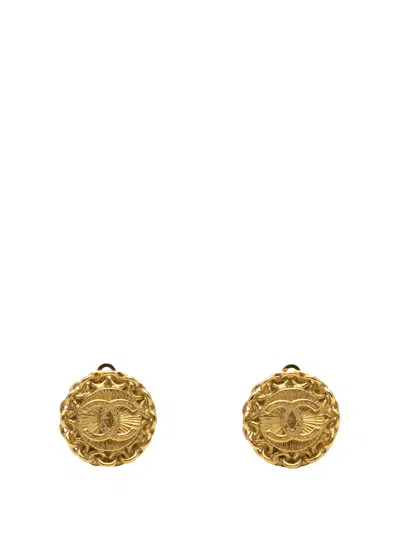 Pre-owned Chanel 1995 Cc Gold Plated Round Clip On Earrings Costume Earrings