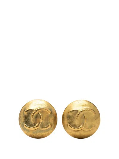 Pre-owned Chanel 1995 Cc Gold Plated Round Clip On Earrings Costume Earrings