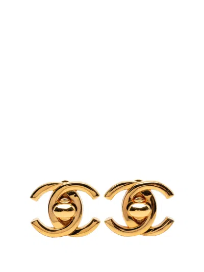 Pre-owned Chanel 1995 Cc Gold Plated Turn Lock Clip On Earrings Costume Earrings