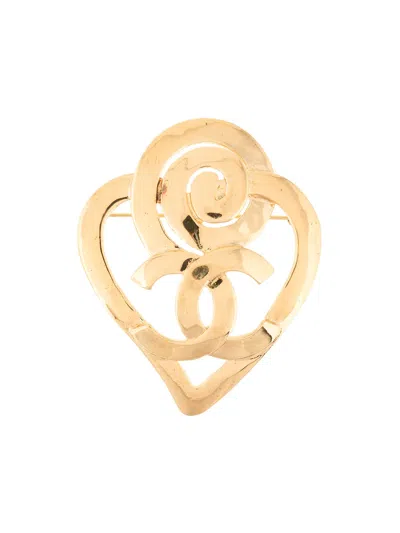 Pre-owned Chanel 1995 Cc Heart Brooch In Gold