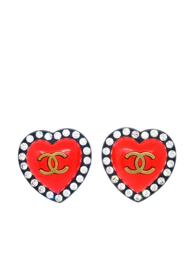Pre-owned Chanel 1995 Cc Heart Clip-on Earrings In Red