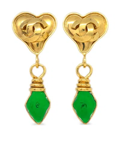 Pre-owned Chanel 1995 Cc Heart Dangle Clip-on Earrings In 金色