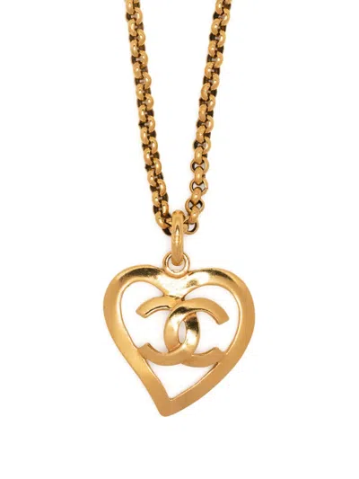 Pre-owned Chanel 1995 Cc Heart-pendant Chain Necklace In Gold