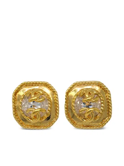 Pre-owned Chanel 1995 Cc Rhinestone-embellished Earrings In Gold