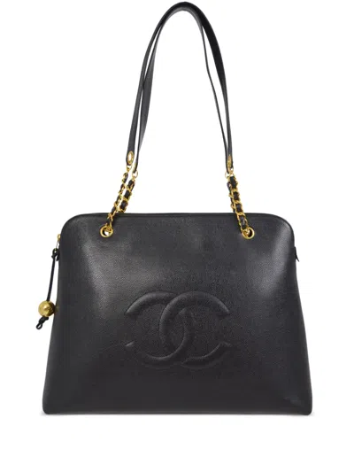 Pre-owned Chanel 1995 Cc-stitch Leather Tote Bag In Black