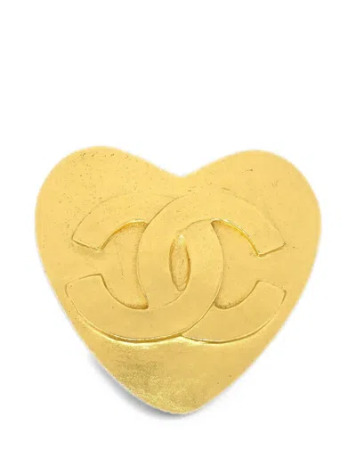 Pre-owned Chanel 1995 Cc-logo Heart-shaped Brooch In Gold