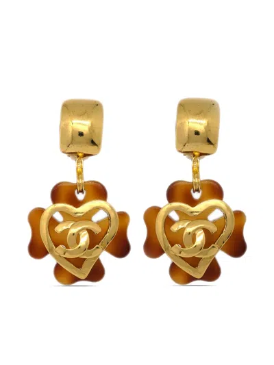 Pre-owned Chanel 1995 Clover Cc Clip-on Earrings In Gold