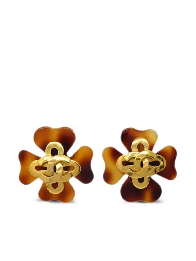 Pre-owned Chanel 1995 Clover Earrings In Brown